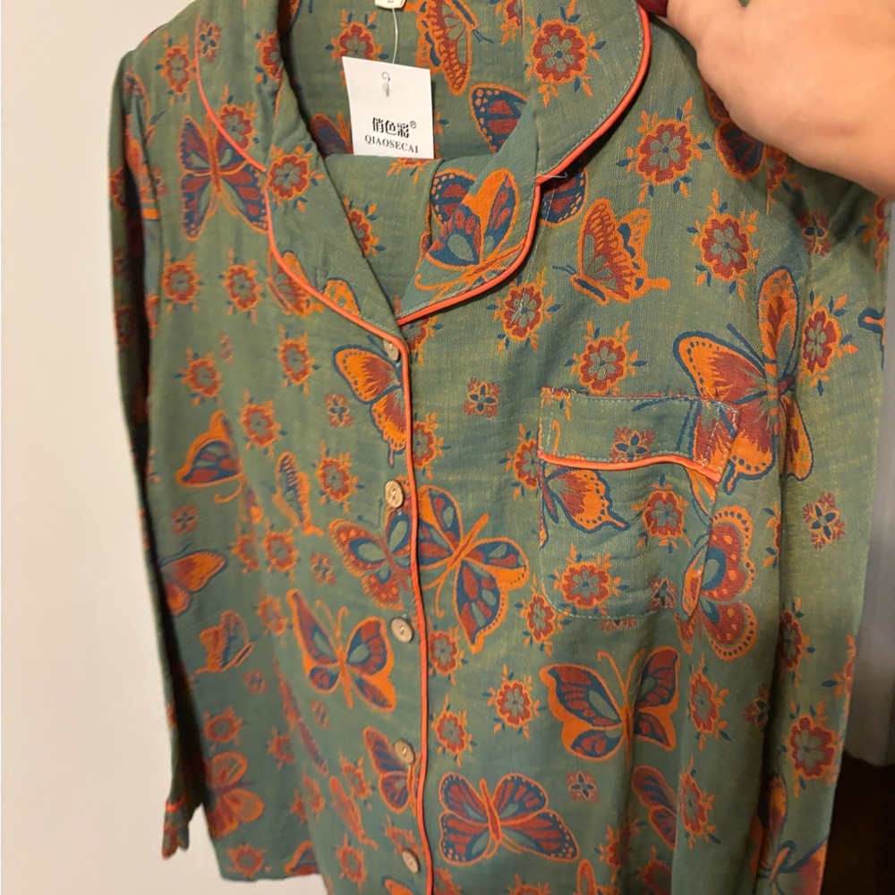 Green Butterfly Print Pajama set